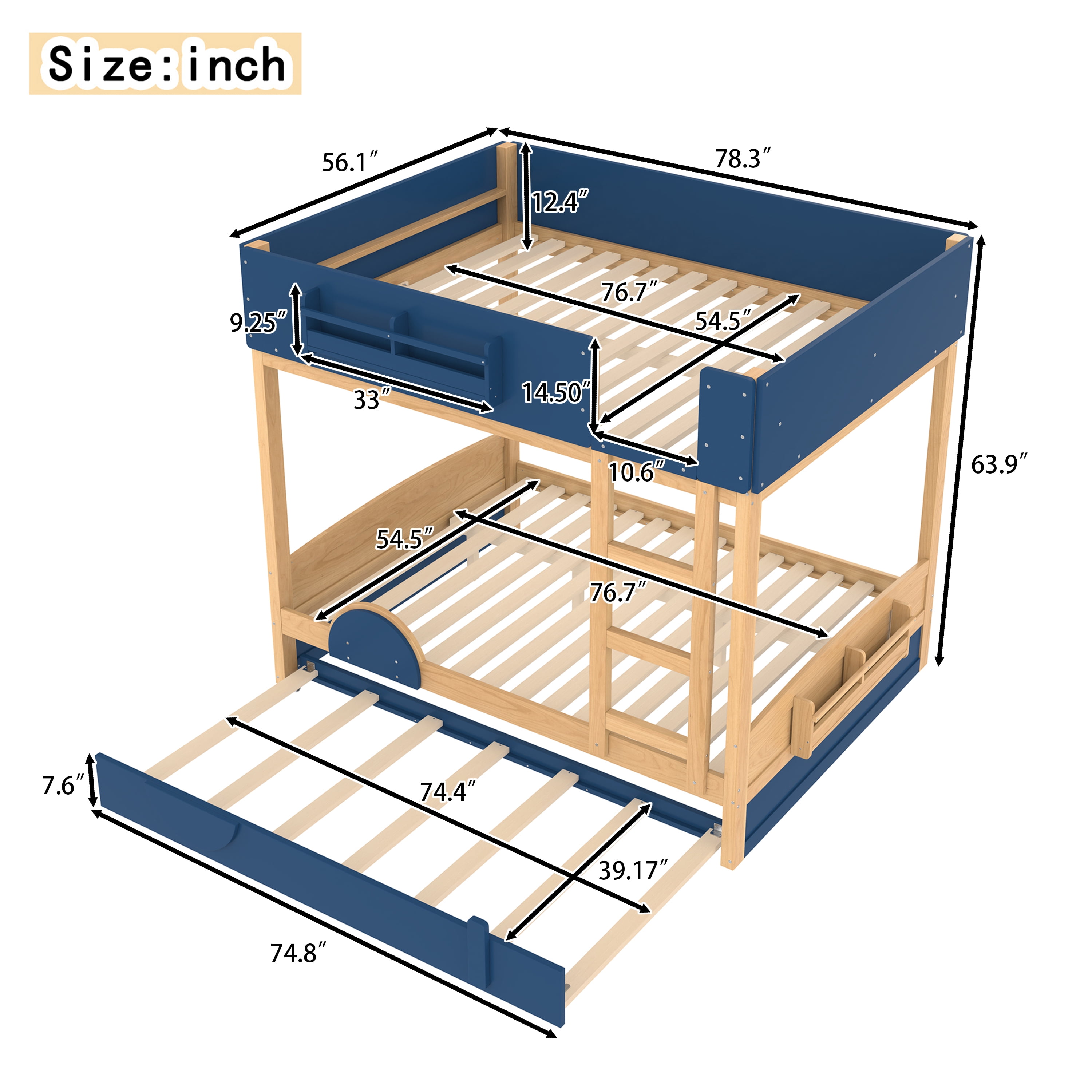 Mintazer Full Over Full Car Themed Bunk Bed with Trundle & Bookshelf, Modern Bunk Bed with Guardrail for Kids, Natural & Blue