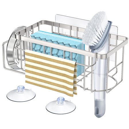 StorageRight 4-in-1 Sponge Holder for Kitchen Sink, Kitchen Sink Organizers and Storage with Adhesive Hook & Suction Cups, Rustproof Sink Caddy, Silver C40