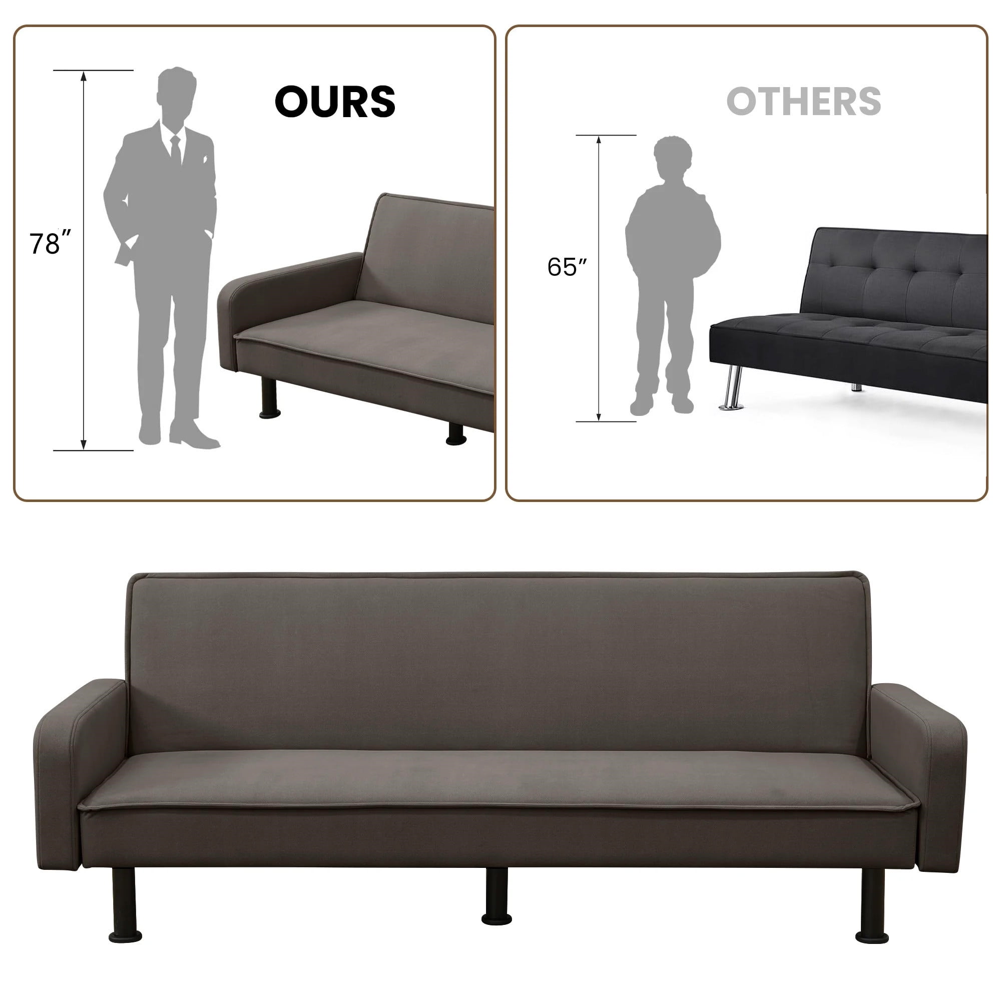 Aukfa 78" Square Arm Futon Sofa Bed Upholstered 3 Seat Couch for Home Office, Flannel, Brown