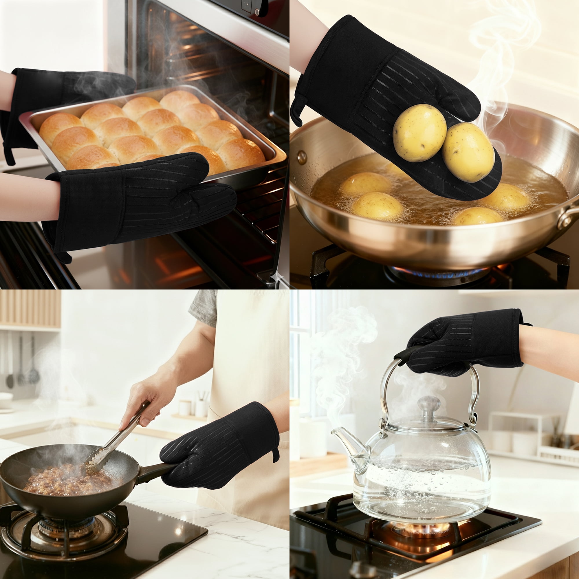 Unique Bargains 2pcs Silicone and Cotton Heat-Resistant  Oven Mitts Black 12.6" x 7.1"