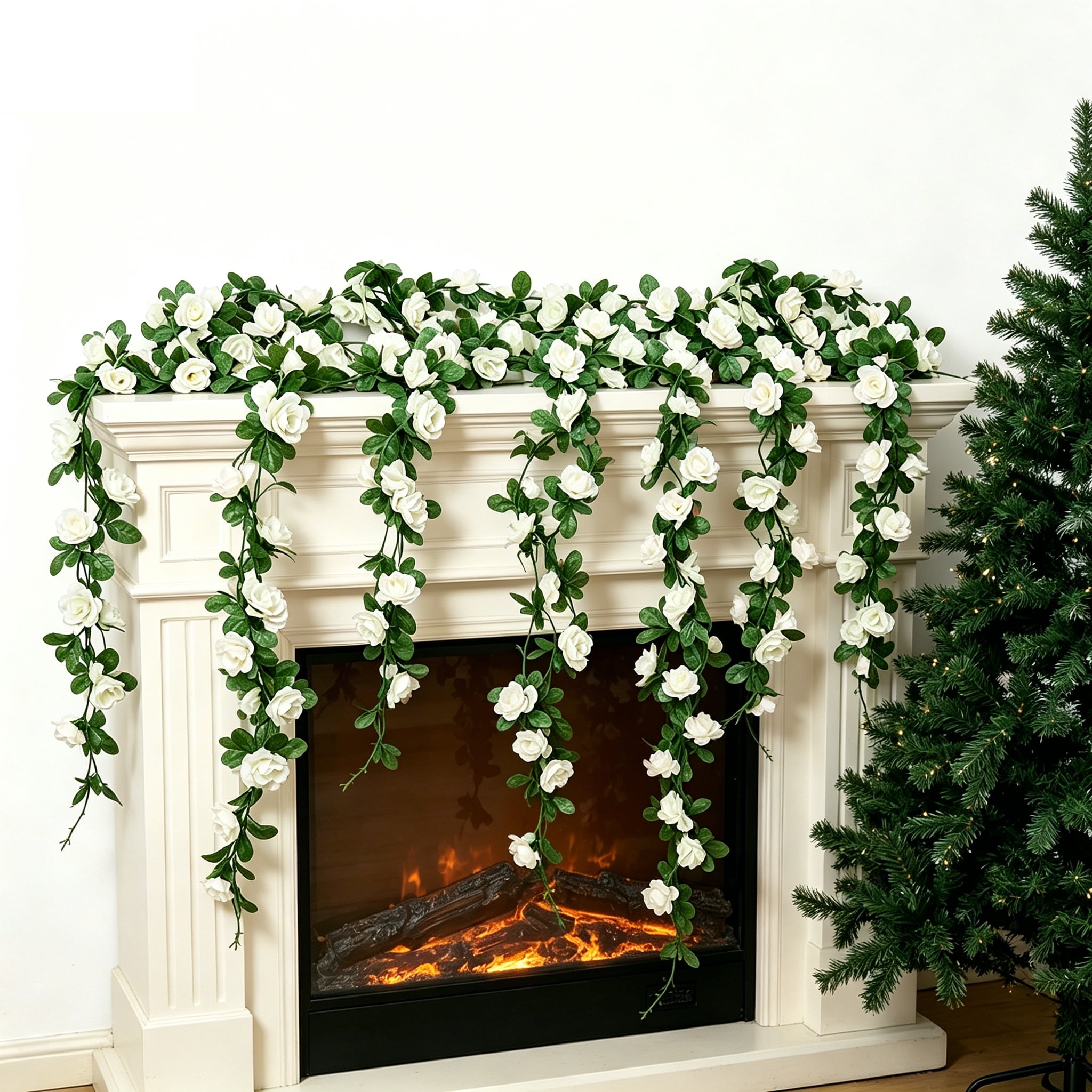TETOU 6pcs Flower Garlands Artificial Rose Vine Flowers with Leaves 66ft Hanging Roses Vine for Room Wedding Birthday Christmas Wall Decor(White)
