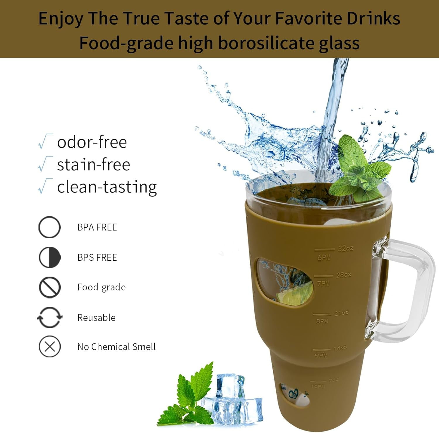 AYAOQIANG 32 Oz Tumbler with Lid and Straw, Glass Water Bottle with Handle, Glass Cup with Time Marker and Sleeve, Fits in Cup Holder BPA Free Amber