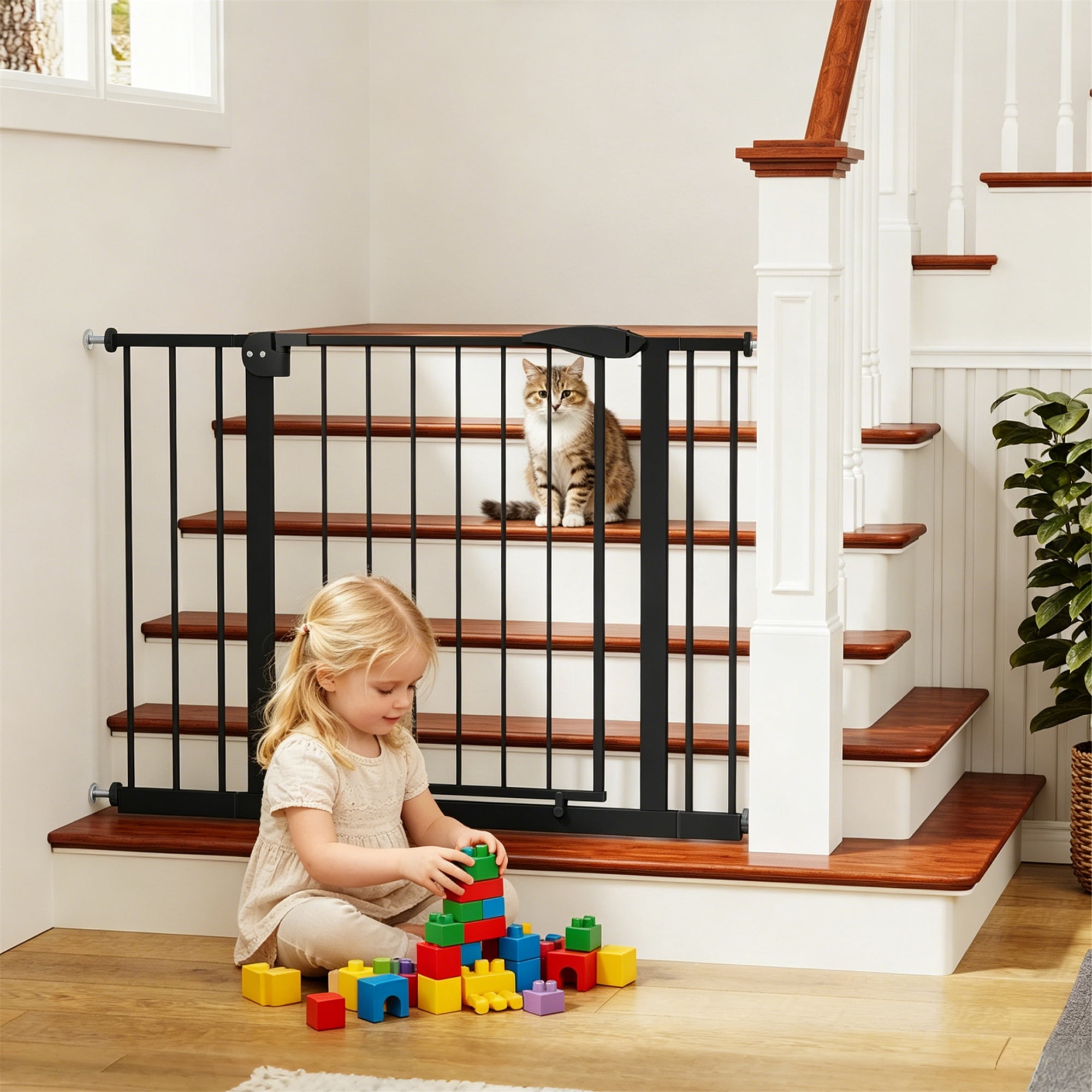 29.5-44.1" Wide Baby Gate for Stairs, Dog Gate Indoor for Doorways, No Drilling Pressure Mounted Pet Gates for Kids, Easy Walk Through Safety Gate, Black