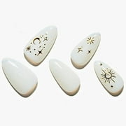 GLAMERMAID White Press on Nails Short Almond, Gothic Handmade Stick Glue on Nails with Golden Star Blossom Design, Medium Almond Reusable Fake Nails Acrylic Wedding False Nails Manicure Kits for Women