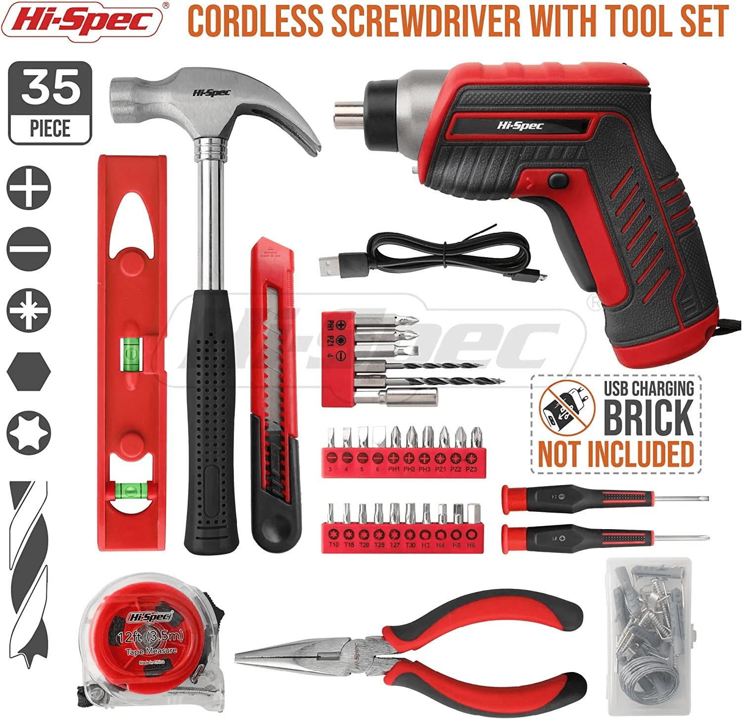 Hi-Spec 35pc Red 3.6V Cordless Electric Power Screwdriver and Home Tool Kit Set. USB Rechargeable