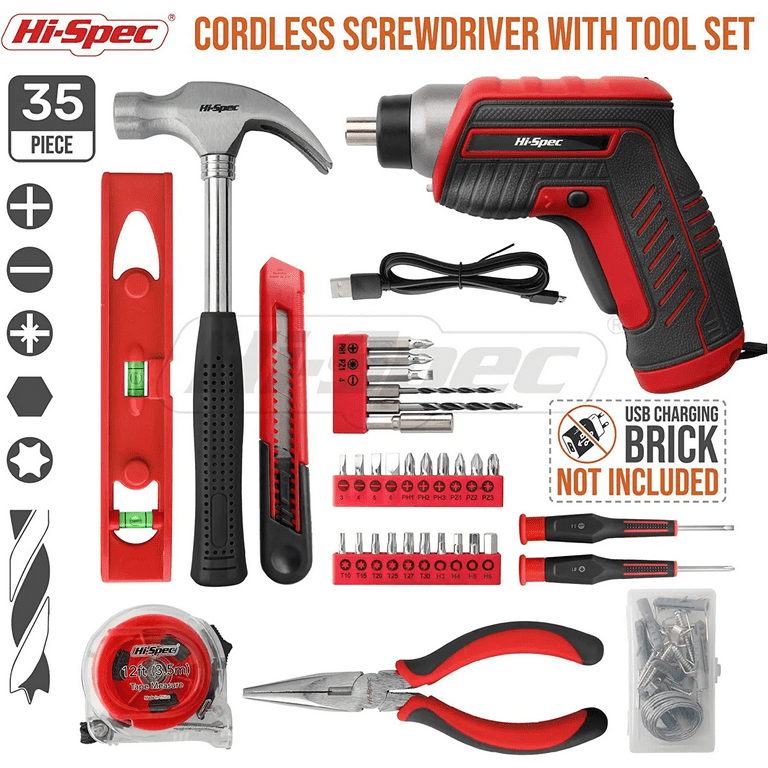 Hi Spec 35pc Red 3.6V Cordless Electric Power Screwdriver and Home Tool Kit Set. USB Rechargeable Walmart
