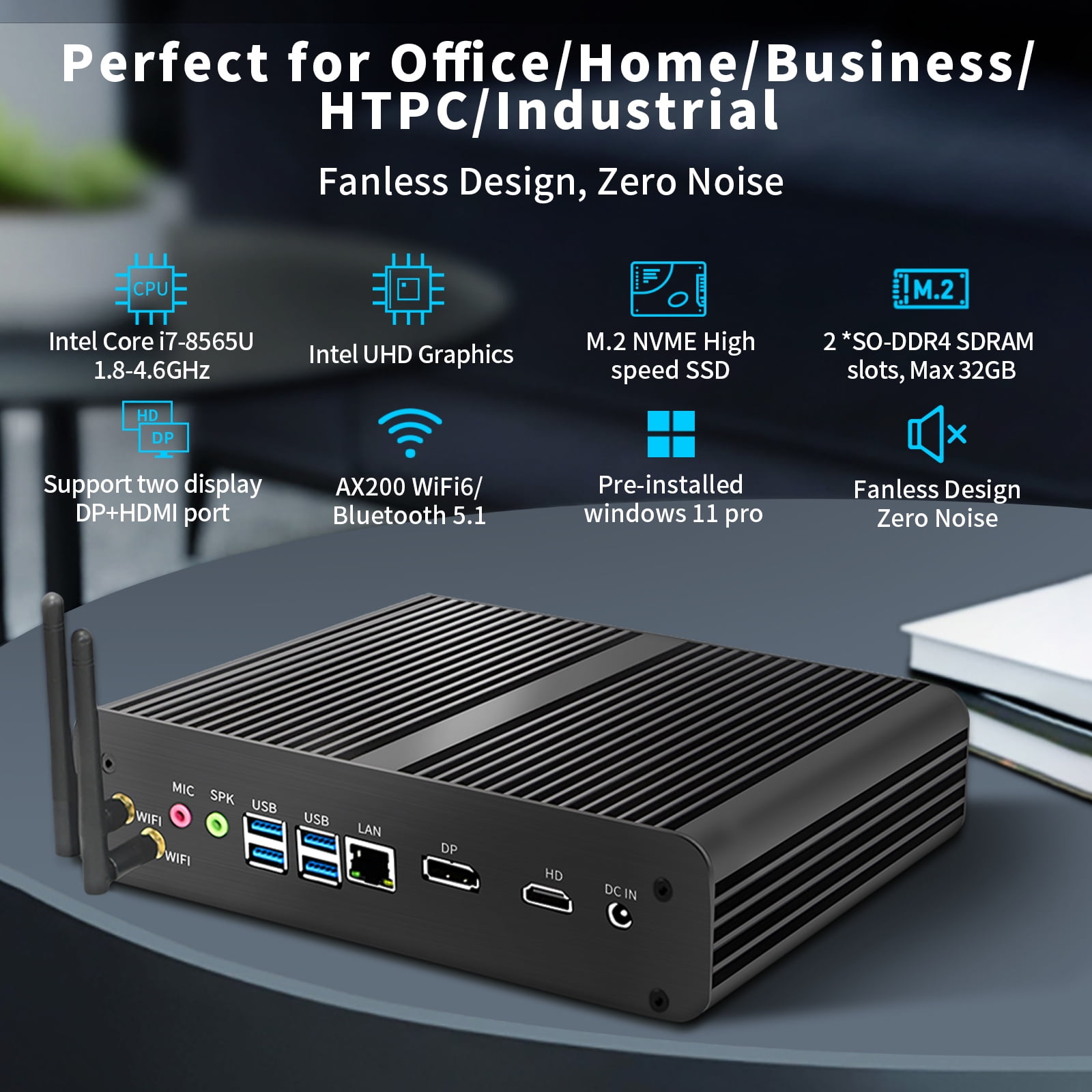 Fanless Mini PC, Desktop Computer i7-8565U 1.8-4.6GHz, Windows 11 Pro 64Bit, 16G DDR4 RAM| 512G NVME SSD, WiFi 6, 4K@60Hz, HDMI/DP, BT 5.1, Gigabit Ethernet for Gaming/Office/Industrial/HTPC