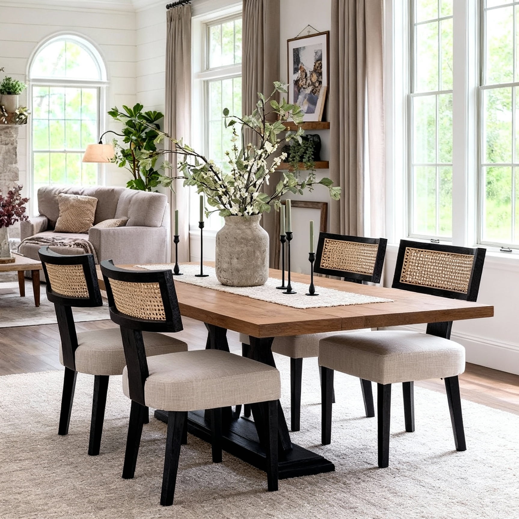Guyou Modern Rattan Backrest Dining Chairs Set of 2, Mid-century Farmhouse Linen Upholstered Kitchen Chairs Solid Wood Side Chairs for Kitchen Dining Room Living Room, Beige
