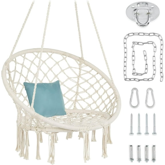 YUONAO Macramé Hanging Chair with Backrest, Handwoven Cotton Hammock Swing Chair with Mounting Hardware, 265 lbs Weight Capacity, for Indoor & Outdoor Relaxation - Beige