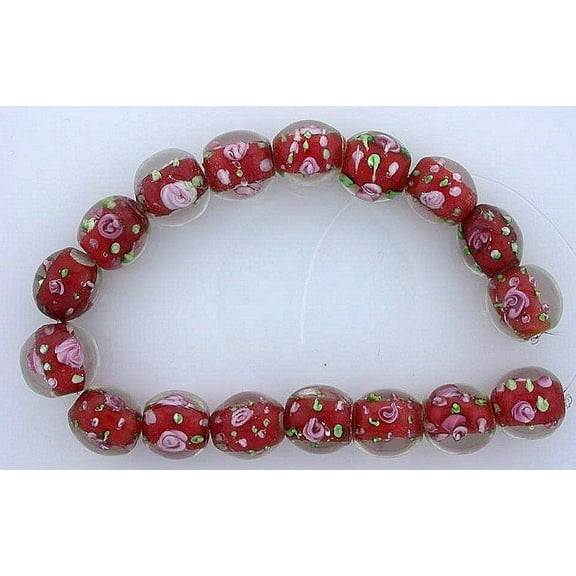 17 Round Rose Flower Glass Beads Bead Handmade Lampwork 2/5 x 2/5 Inch