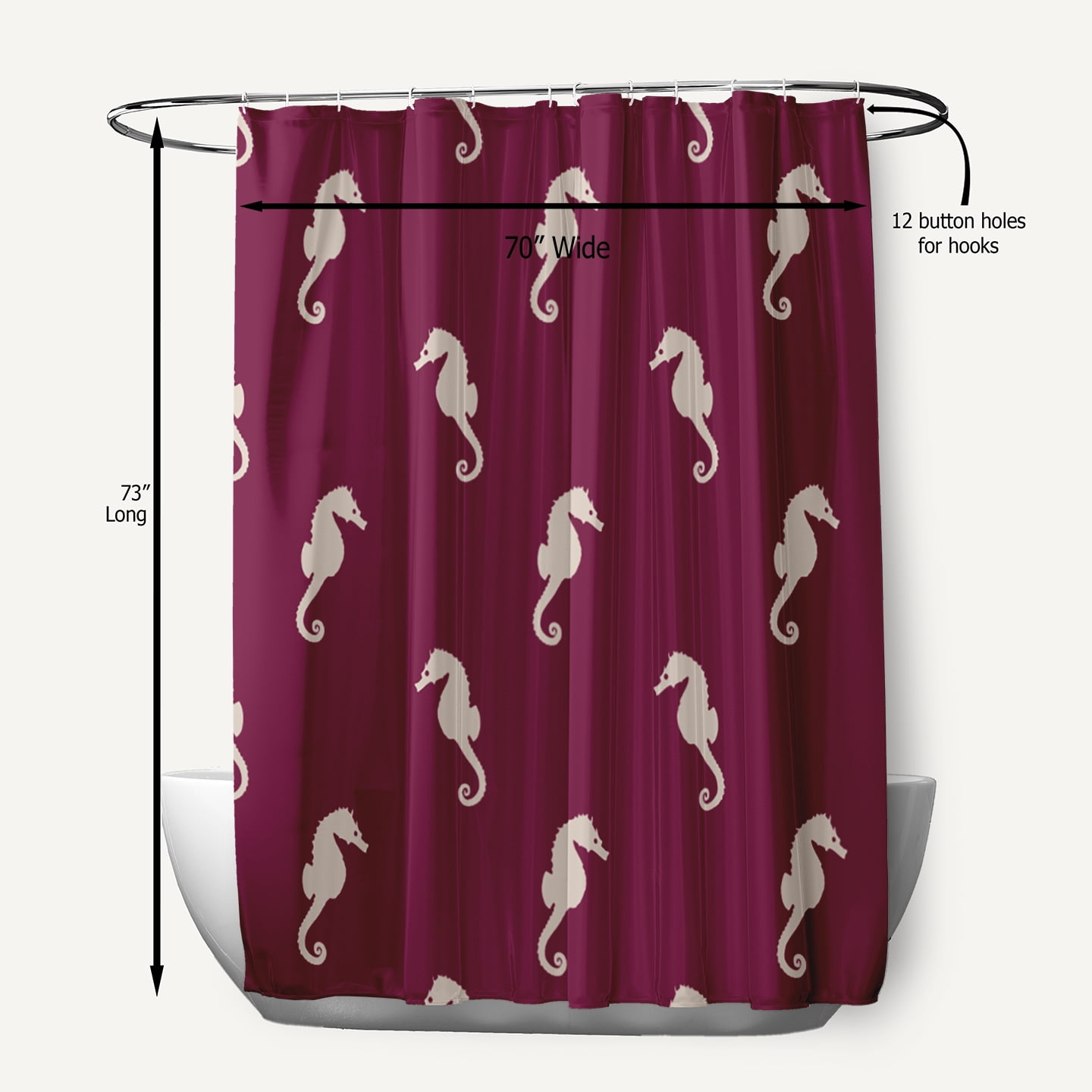 Simply Daisy 70" W x 73" L Sea Horses Polyester Shower Curtain, Maroon Red [1 Ct]