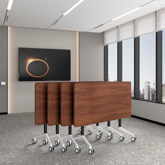 2 PCS Folding Conference Table on Wheels,55.1 IN Modular Flip-Top Conference Room Table for 6–12 People, Mobile Training & Meeting Table for Office Classroom School, Space-Saving Design(Walnut)