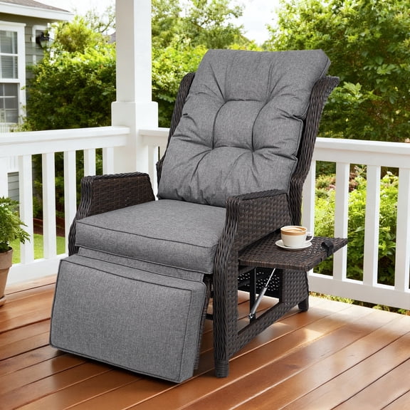 COMLAX FIELD Outdoor Wicker Recliner with Adjustable Back and Footrest, Rattan Reclining Lounge Chair