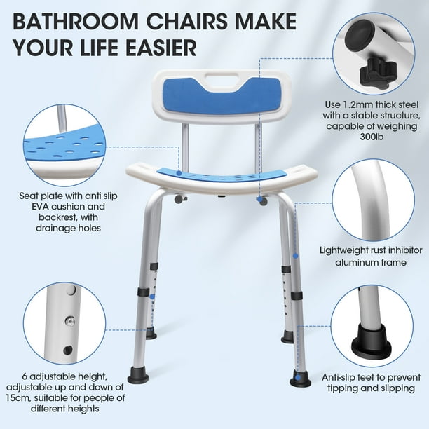 RELOIVE Bath Chair and Shower Chair with Back and Padded Armrests Supports up to 300 lbs Shower Seat for Elderly Handicap and Disabled Height