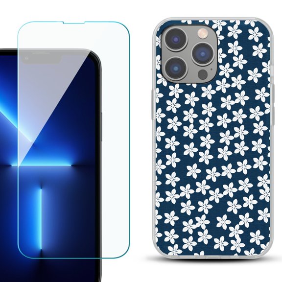 Slim-Fit Gel TPU Phone Case for iPhone 14 Pro Max, with Tempered Glass Screen Protector, by OneToughShield ® - Flower/Blue