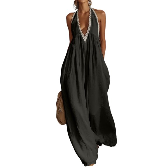 JULMCOMO Linen Jumpsuits for Women Lace Trim Halter Deep V Neck Summer Jumpsuits Sleeveless Wide Leg Elegant Comfy Loose Fit Rompers Black XXL