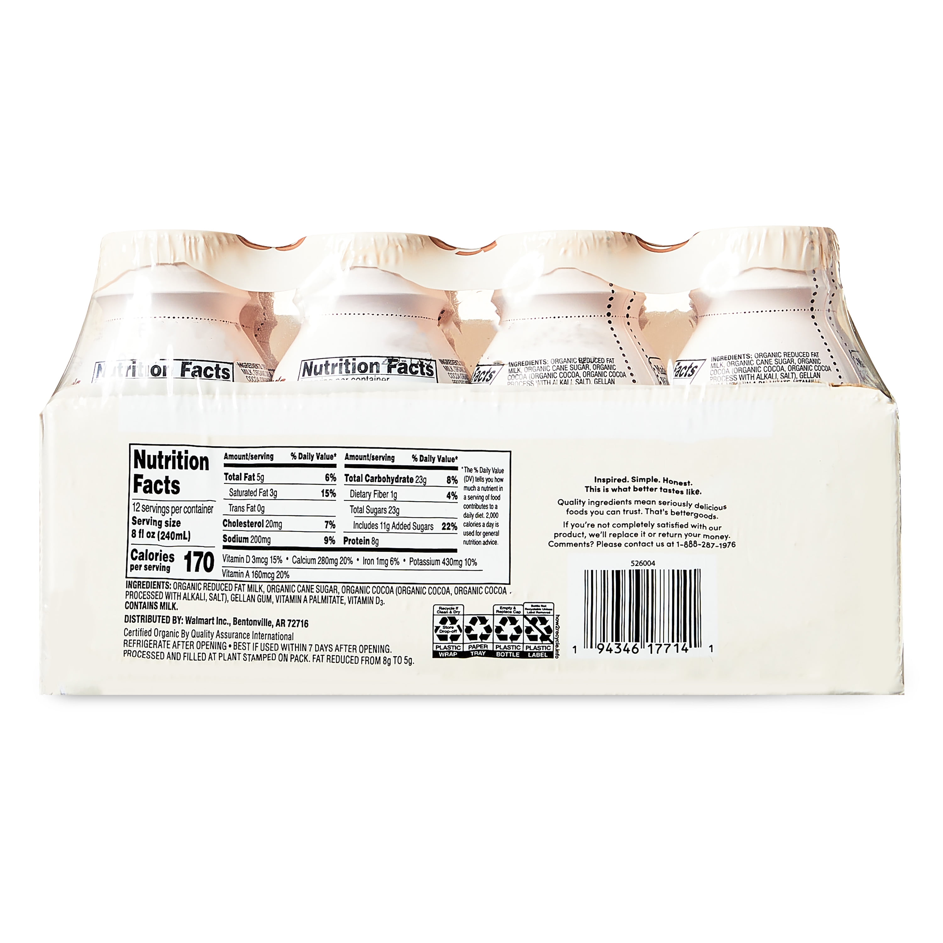 bettergoods Organic Reduced Fat Chocolate Milk, 8 fl oz, 12 Count
