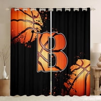 Homewish Initial B Letter Black Out Curtains for Kids, Cartoon Basketball Sport Curtains Pack of 2 (42x63 Each), Black Orange Bedroom Curtains, Window Curtains Decor
