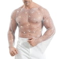 thumbnail image 5 of UTSJKR Men's Sparkling Rhinestone Mesh Long Sleeve Top, Sheer Fishnet Shirt, Party Concert Stage Performance Trendy Fashion Wear White XL, 5 of 5