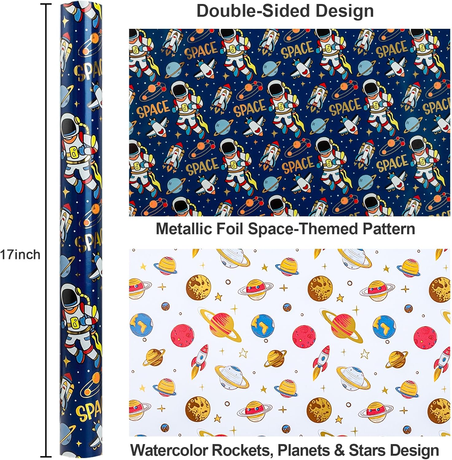 Space Wrapping Paper Roll, Birthday Wrapping Paper for Boys, Navy Blue Astronaut Gift Wrap for Kids Birthday Outer Space Party Decor RocketShip Wrap Galaxy Planets Stars (17 Inch X 33 Feet)