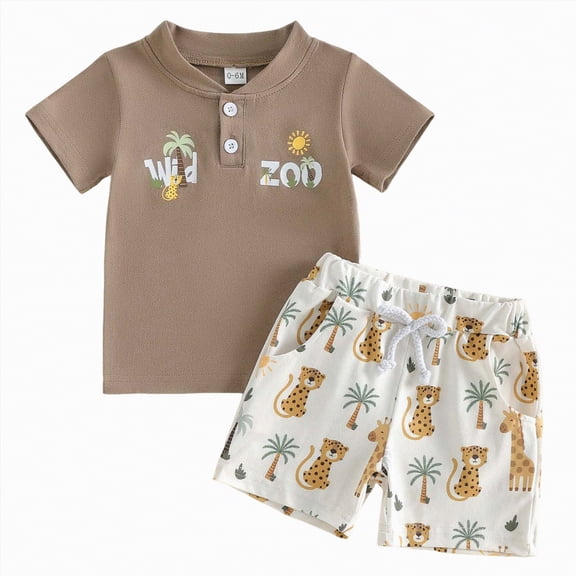 CAICJ98 Toddler Baby Boy Summer Clothes Safari Wild Animal Print Short Sleeve Shirts Top Shorts 2pcs Outfits Set (Khaki,18-24 Months)