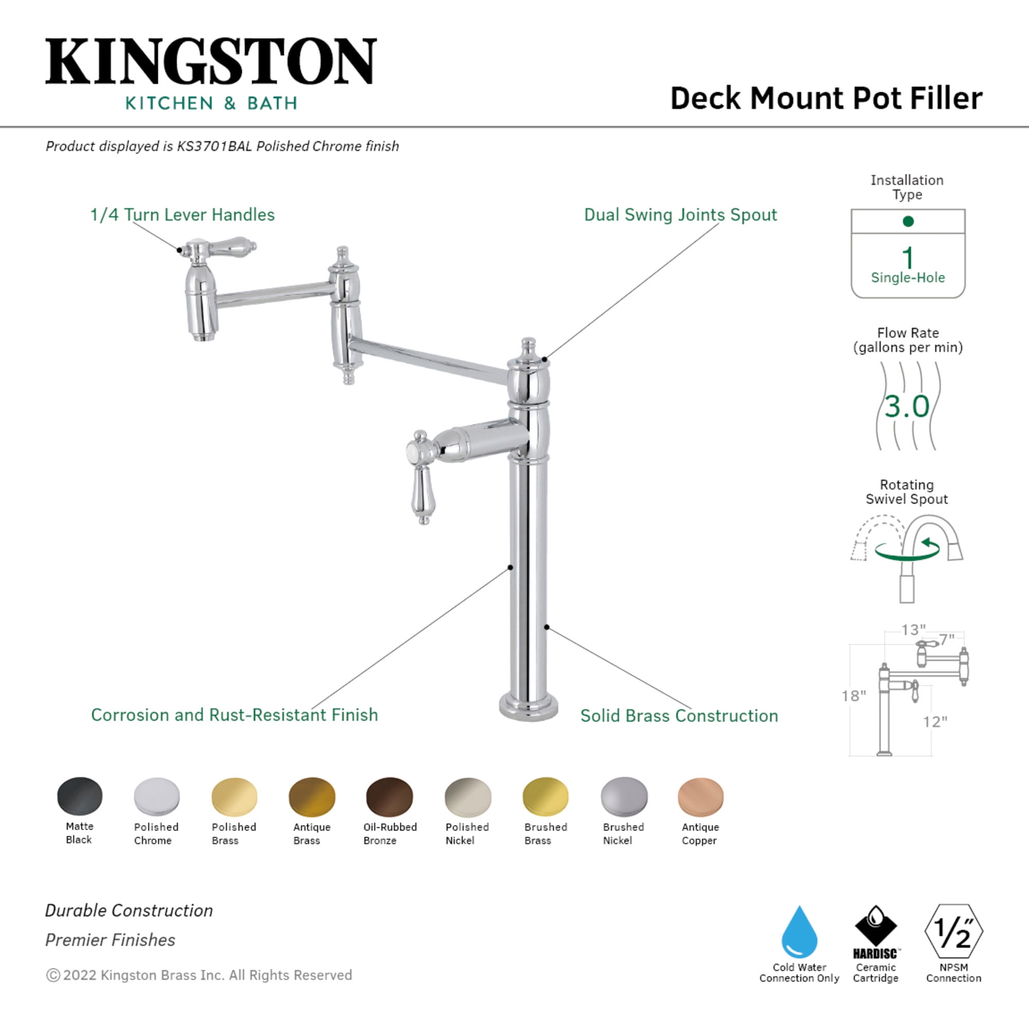 Kingston Brass KS3707BAL Heirloom Deck Mount Pot Filler Faucet, Brushed Brass