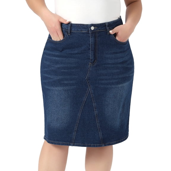 DARING DIVA Women's Plus Summer High Waist Knee Length Denim Skirt 1X Dark Blue