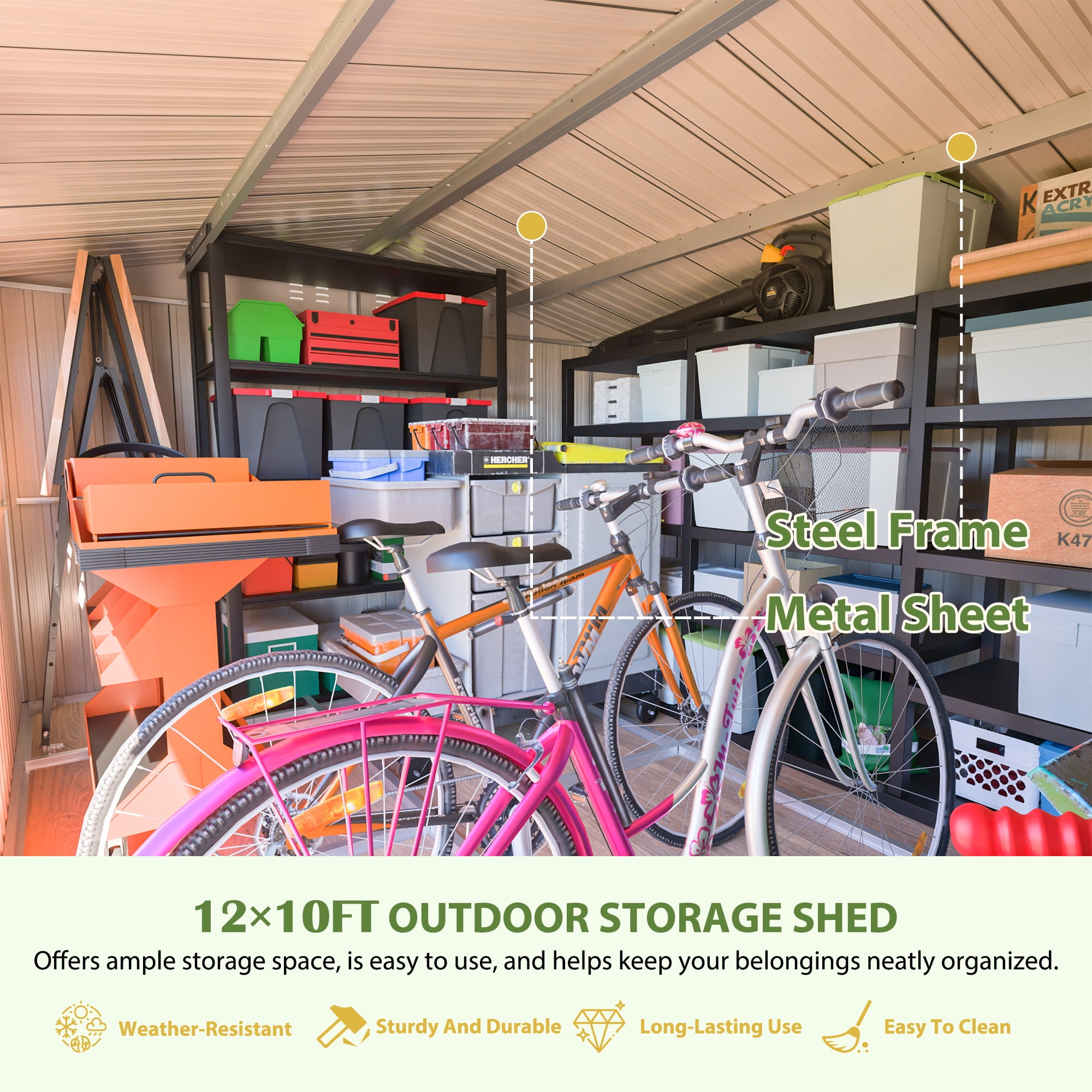 LZBEITEM 12'x10' Outdoor Storage Shed with Floor Frame & Window, Metal Garden Shed Kit, Backyard Shed, Lockable Doors for Backyard Patio Lawn, Gray