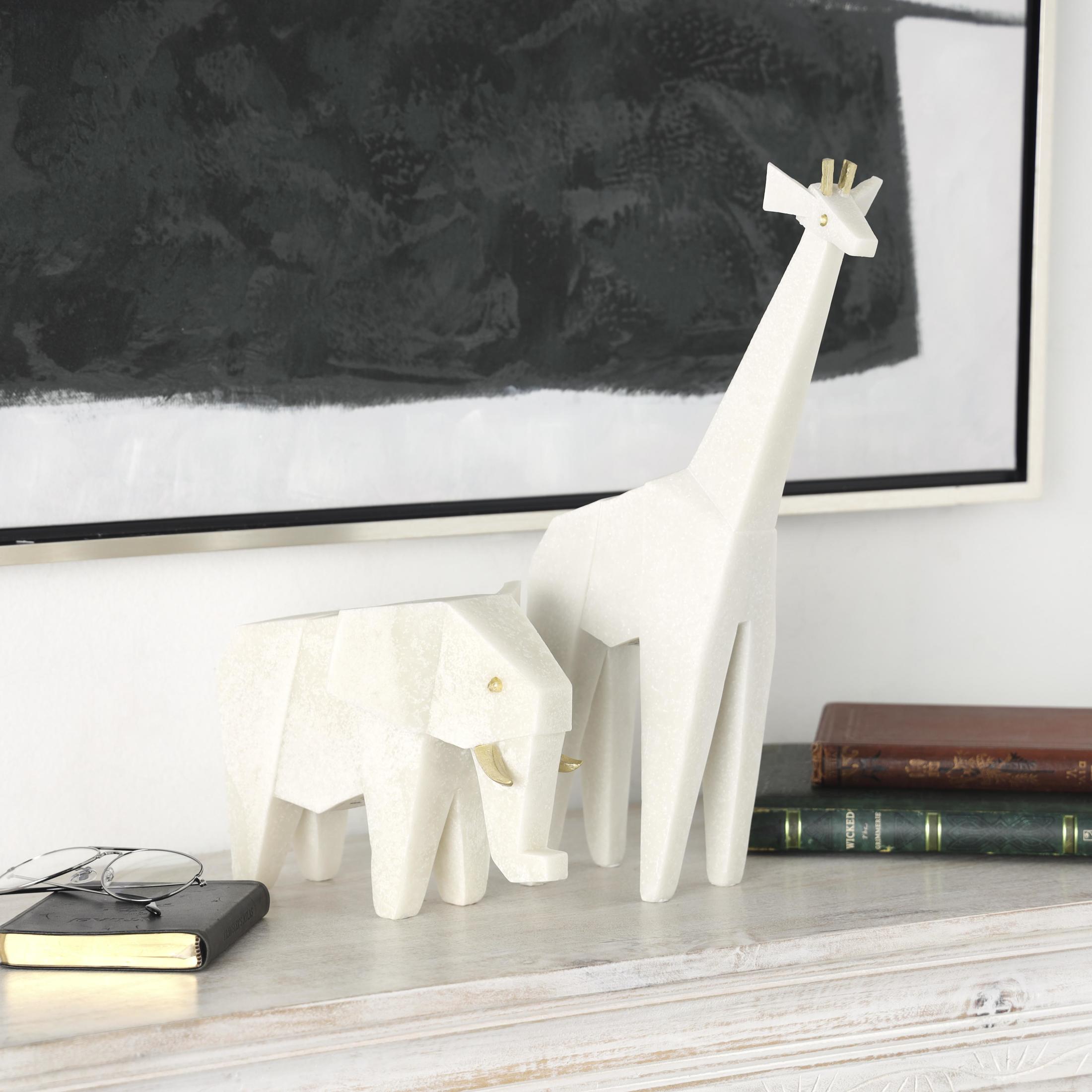 7", 16"H White Polystone Cubist Inspired Elephant, Giraffe Sculpture with Gold Accents, by DecMode (2 Count)
