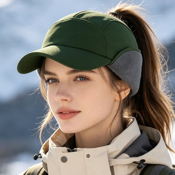 Women's Winter Reflective Fleece Ponytail Hat with Drop Down Ear Warmer,High Ponytail Baseball Cap with Visor for Running,Cold Weather Women's Sport Hat for Outdoor Exercise Blackish Green