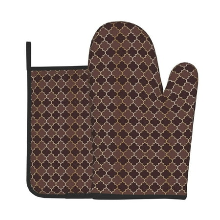 

Gaeub Brown Gold Grid Print Oven Mitts and Pot Holders Sets of 2 Heat Resistant Pad Cooking Gloves for Baking BBQ Home Decor