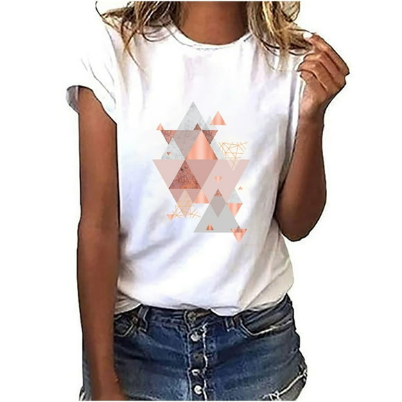 Mikilon Women's Fashion Geometric Graphic Print HarAjuku Female Round Neck Loose T-shirt