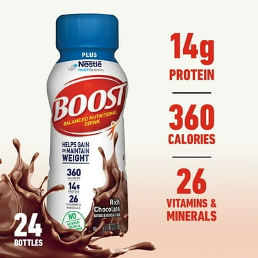 Boost Plus Complete Nutritional Drink, Rich Chocolate, 8 fl oz Bottle, 24 Pack (Packaging May Vary)