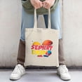 thumbnail image 2 of Colorful Canvas Tote Bag with ' SEPIERT DRIN ' in bold letters featuring playful abstract shapes in red yellow and blue, 2 of 4