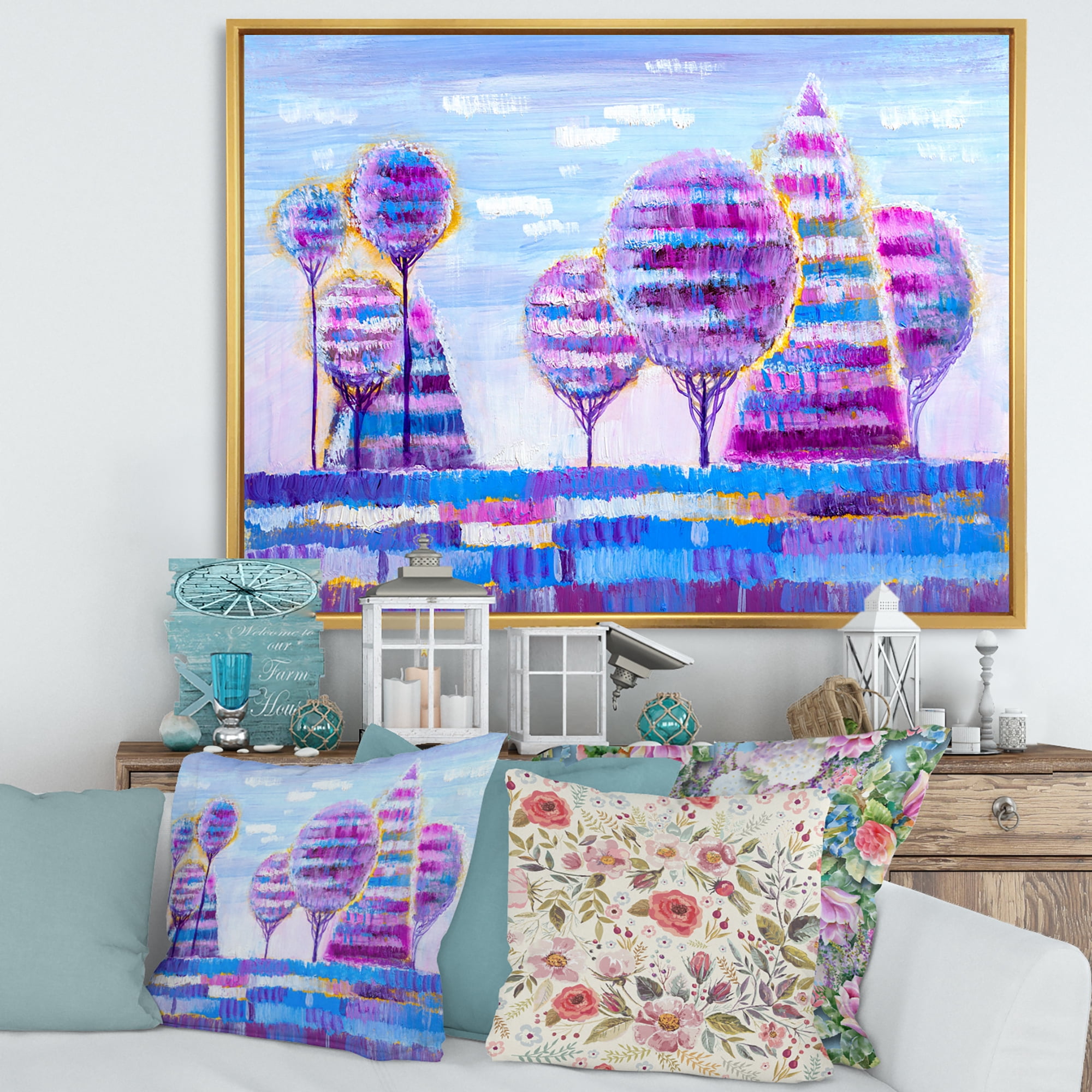 Designart 'Purple Coloured Tree Impression Landscape I' Modern Framed Canvas Wall Art Print