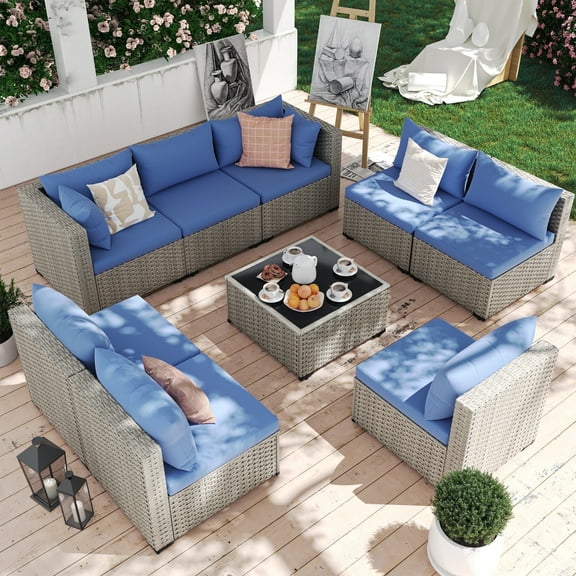 MRUAKA 9 Pieces Patio Conversation Set, Outdoor Sectional PE Rattan Wicker Furniture Seat,Haze Blue