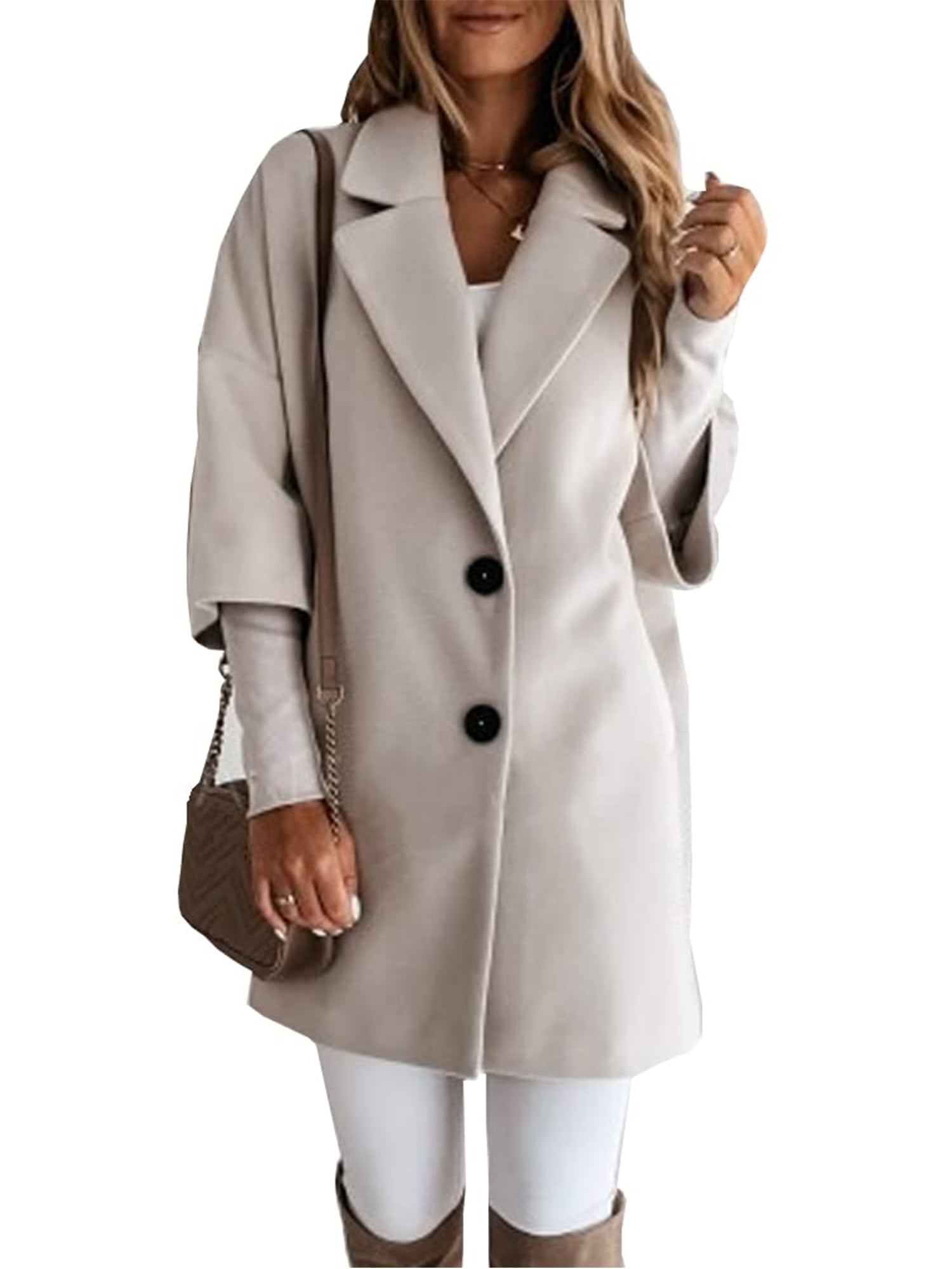 Hawiton Womens Long Pea Coat Notched Collar Double Breasted Trench Coat Slim fit Wool Blend Overcoat
