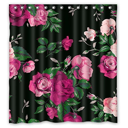 Odecor Red Rose Flower Pink Fl Black Background Shower Curtain Polyester Fabric Bathroom Decorative Size 66x72 Inches Com Odecor Red Rose Flower Pink Fl, Flower Shower Curtain