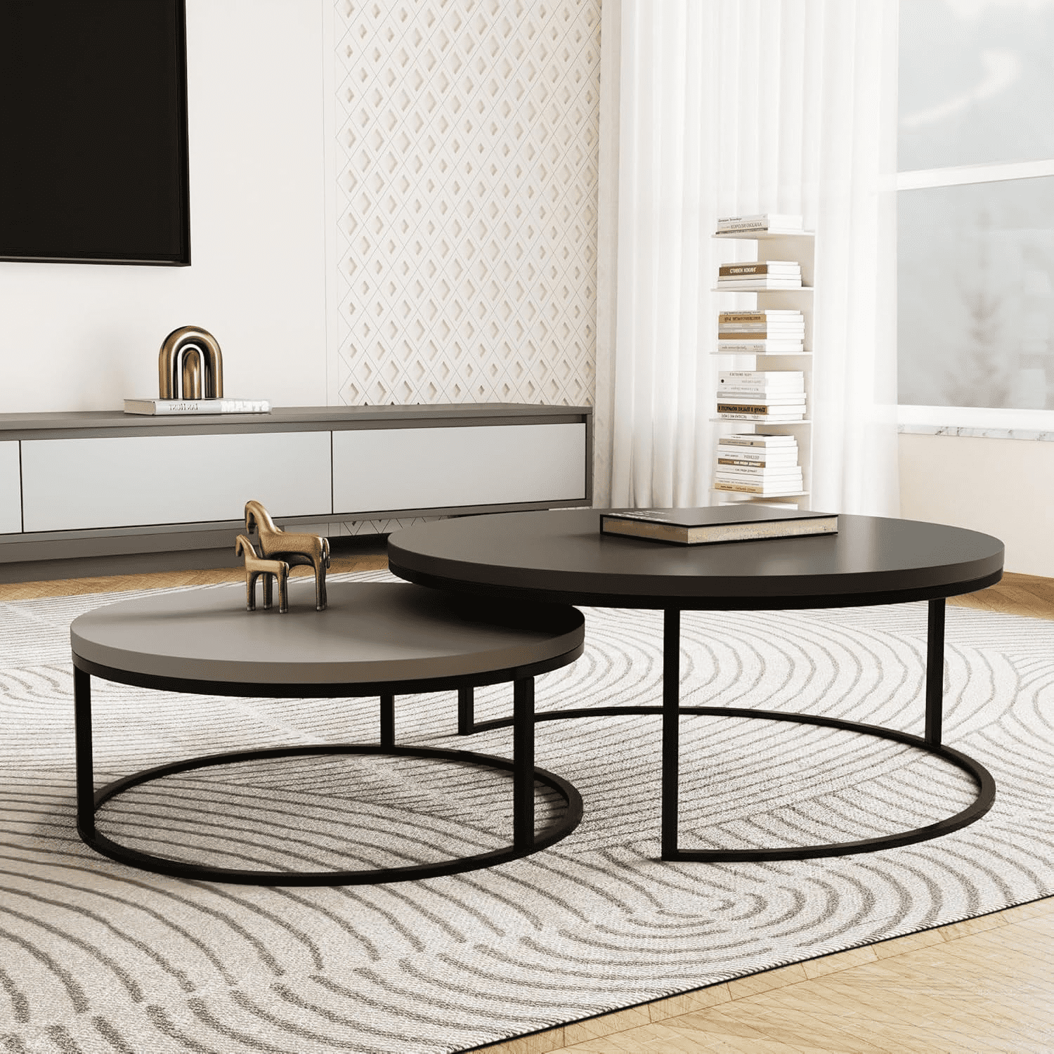 NessCarsti Modern Round Coffee Table Set, Black Metal Legs, Gray Finish, 31.5/23.7"