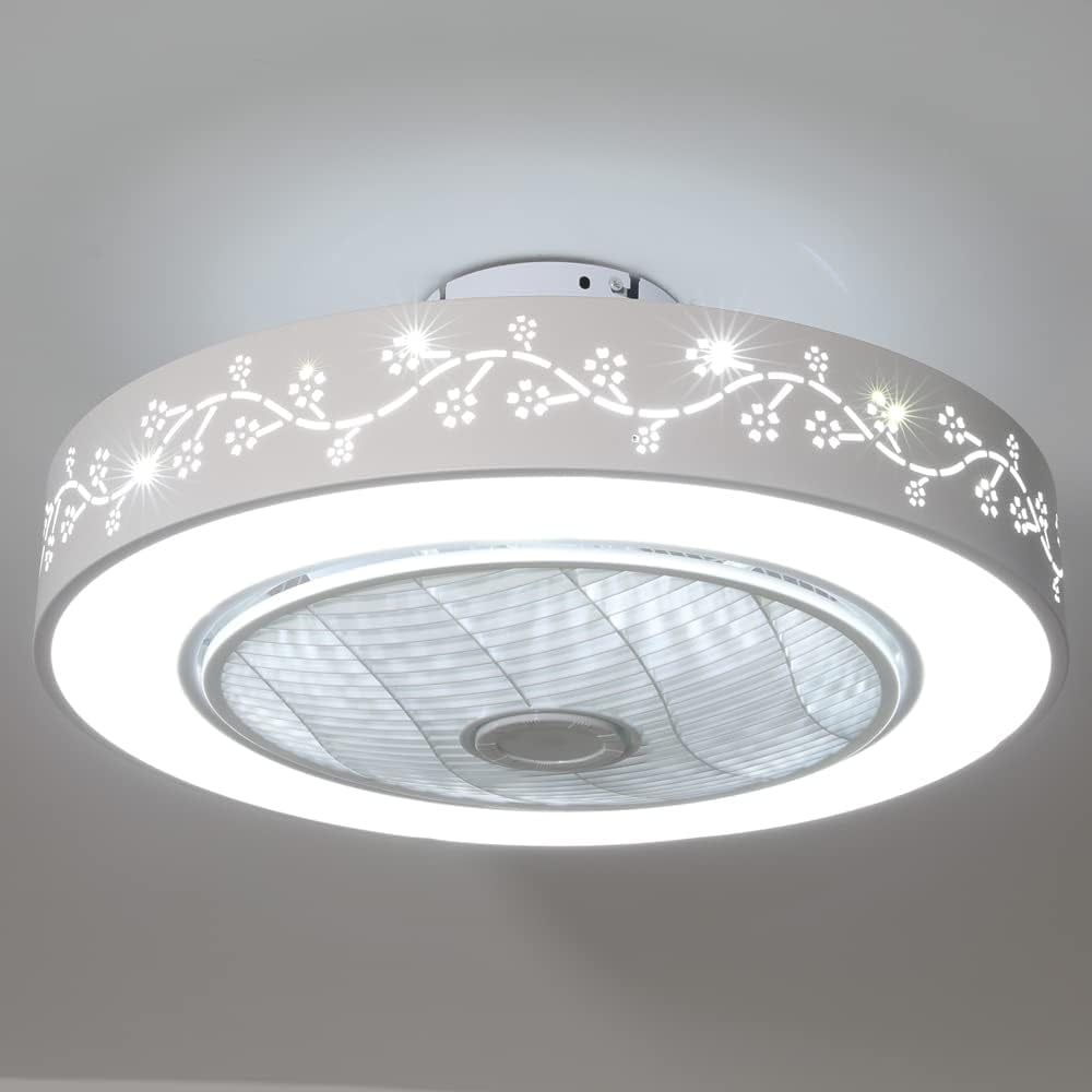 White 22" Ceiling Fan with Light, Modern Low Profile Fan with Remote & Smart APP Control 3 Colors 6 Speeds Semi Flush Mount Round Invisible LED Fan Chandelier for Bedroom Living Room