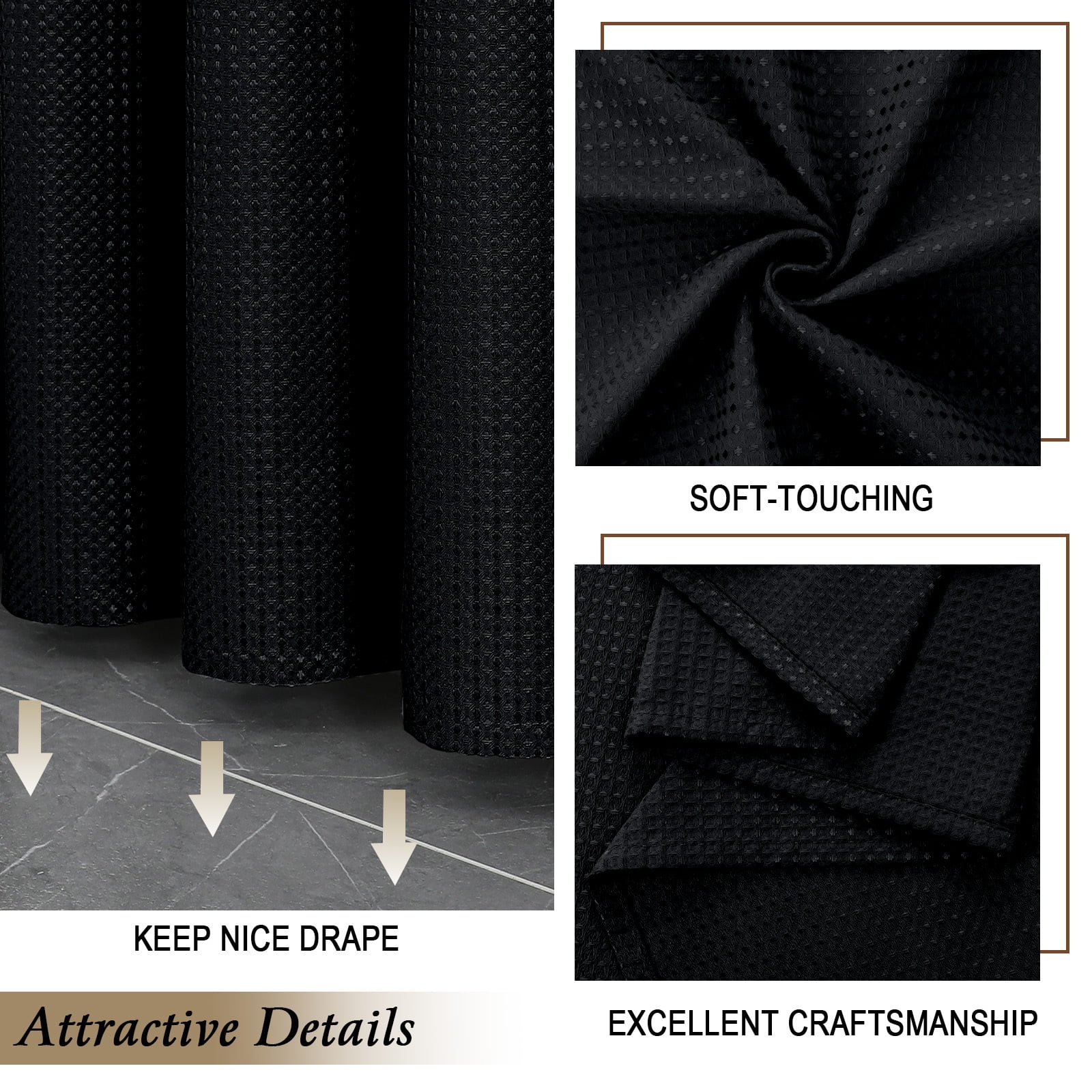 OVZME Black Extra Long Waffle Textured Cloth Shower Curtain - 96 Inch Long Hotel Luxury Heavy Duty Soft Fabric Shower Curtains for Bathroom, 72"Wx96"H, Black