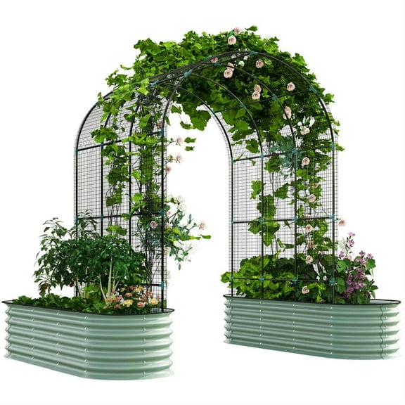 Demi Bonn 78" Outdoor Elevated Garden Beds with Arch Trellis & Climbing Net, Galvanized Planter Box for Vegetable, Flower, Herb Planting, Green