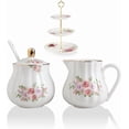 thumbnail image 1 of Royal Ceramic Sugar and Creamer Set Cream Pitcher, Sugar Bowl, Sugar Set with Lid & Spoon & Cake Stand, Coffee Serving Set Wedding Gift (Sugar and Creamer Set, Flower), 1 of 8