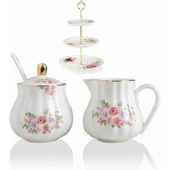 Royal Ceramic Sugar and Creamer Set Cream Pitcher, Sugar Bowl, Sugar Set with Lid & Spoon & Cake Stand, Coffee Serving Set Wedding Gift (Sugar and Creamer Set, Flower)