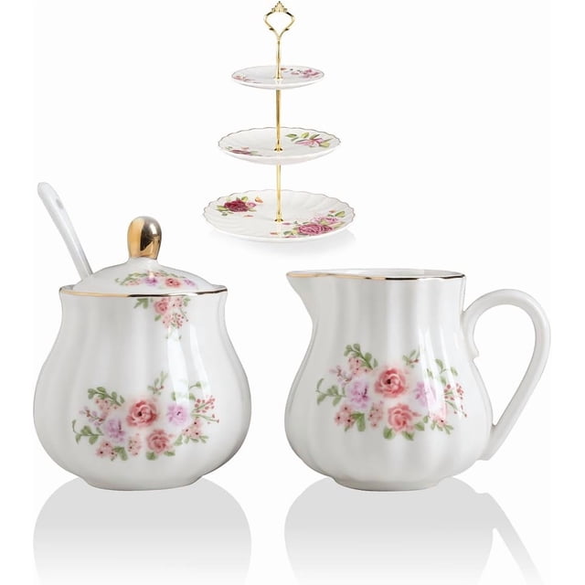 Royal Ceramic Sugar and Creamer Set Cream Pitcher, Sugar Bowl, Sugar Set with Lid & Spoon & Cake Stand, Coffee Serving Set Wedding Gift (Sugar and Creamer Set, Flower)