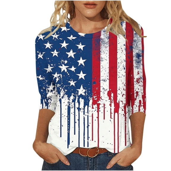 Jsaierl Independence Day Tops for Women Plus Size American Flag Print Patriotic Tees Loose Fit 3/4 Sleeve Tshirts Crew Neck Tunic Blouses Shirts