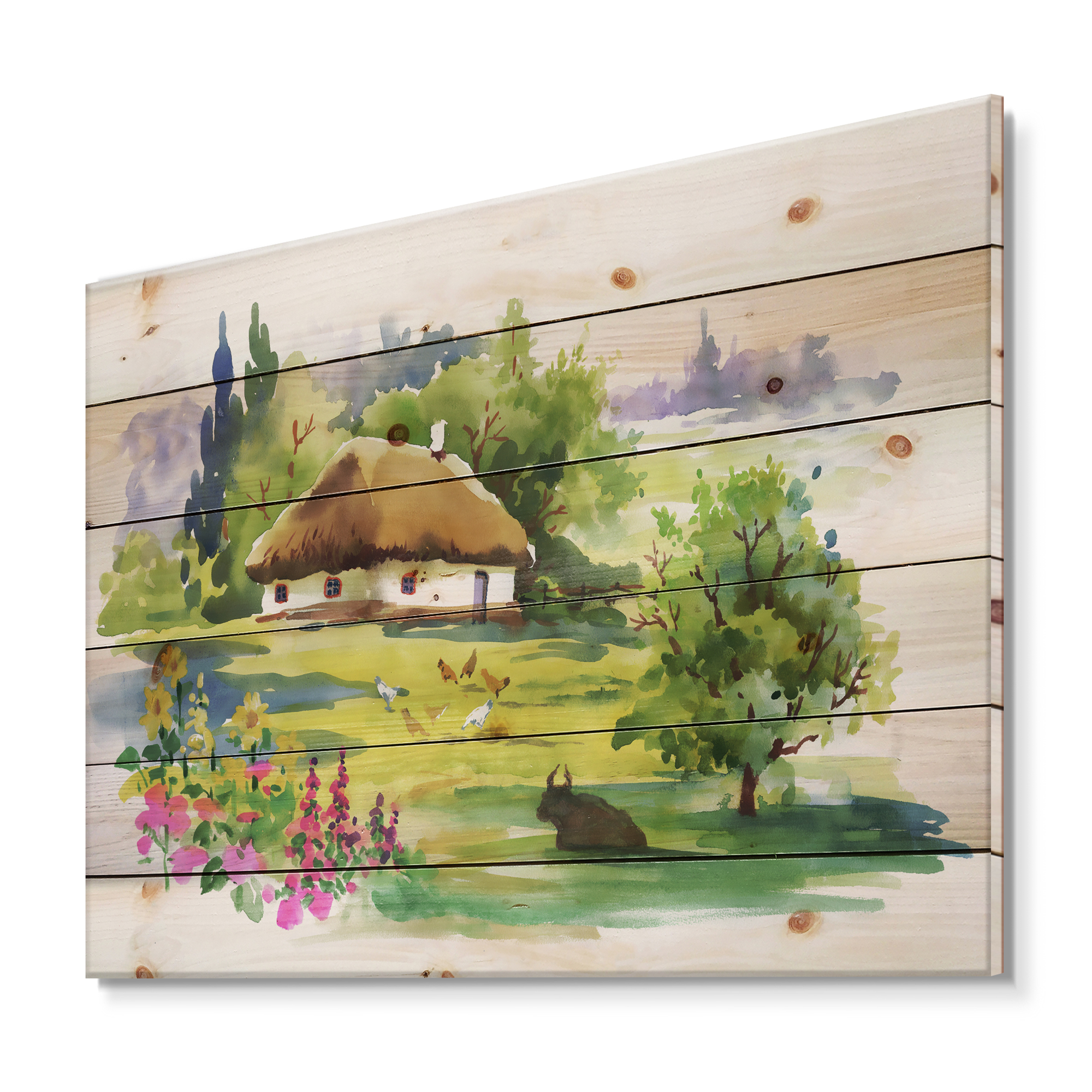 Designart 'Blossoming Greenlands And A Rural House' Traditional Print on Natural Pine Wood