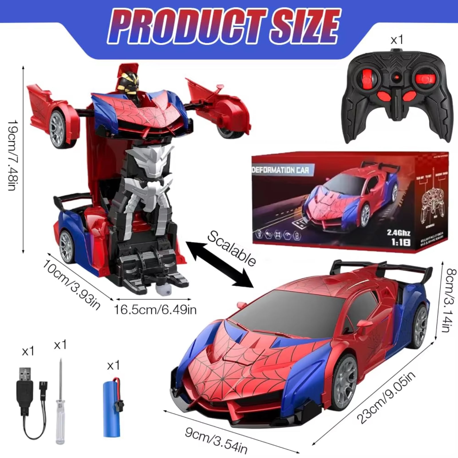 Remote Control Car Spider 2-in-1 Transforming Robot Toy, 1:18 Scale 2.4GHz RC Vehicle with 360° Rotation and LED Lights, Gift for Boys Ages 3-12