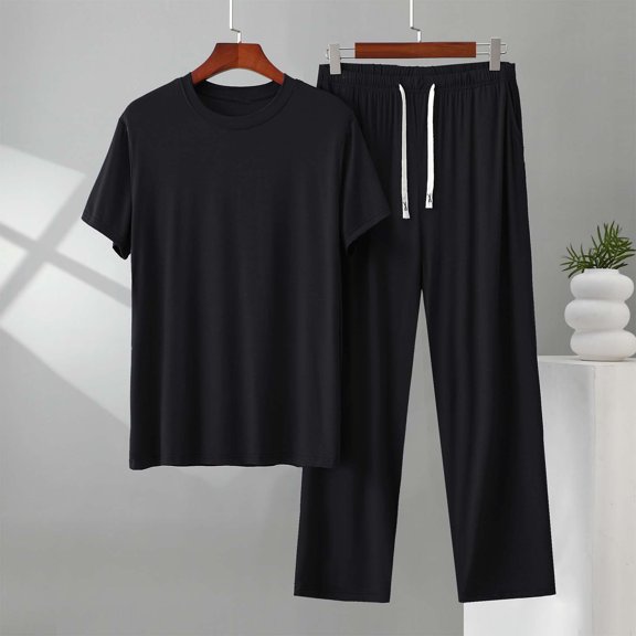 Gamivast Men's 2 Piece Sleepwear Set Soft Crew Neck Tee and Straight Leg Pants Loose Fit Loungewear Breathable Pajamas Lightweight Nightwear Home Suit