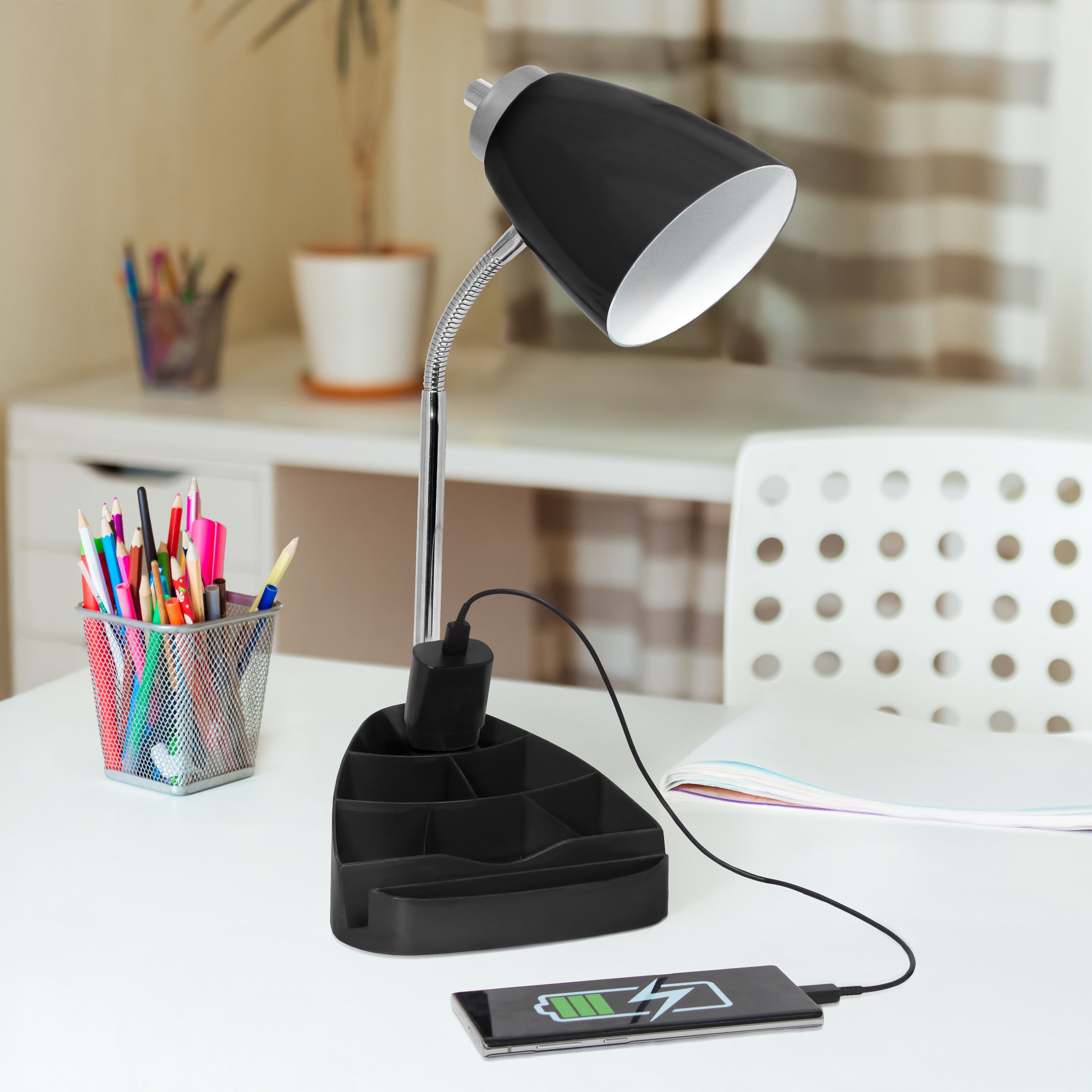 Simple Designs 18.5" Gooseneck Organizer Desk Lamp with iPad Tablet Stand Book Holder and Charging Outlet, with LED Bulb, Black